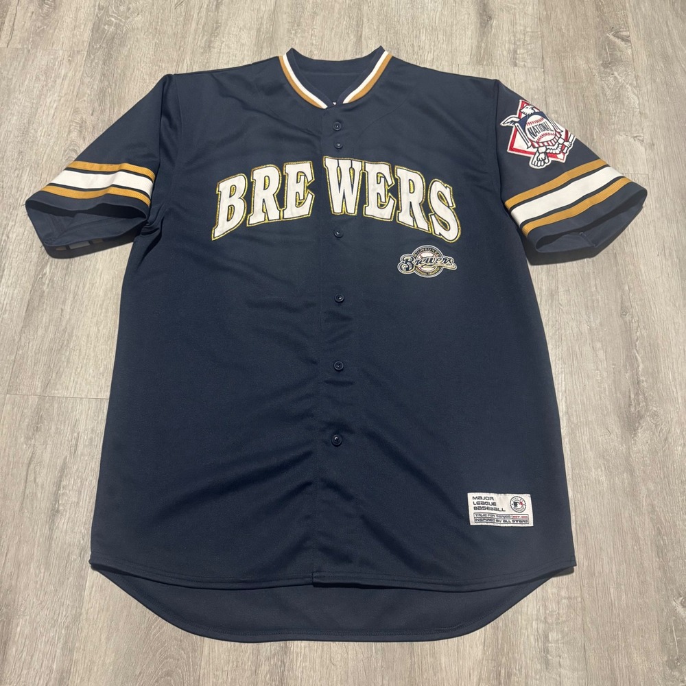 True Fan Milwaukee Brewers Prince Fielder 28 Baseball Jersey Mens Large Navy MLB